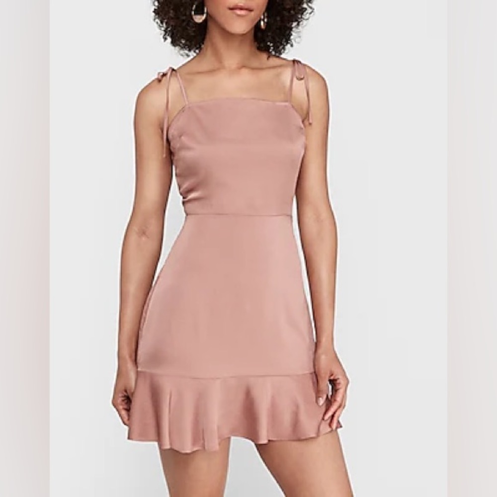 Express Fit & Flare Ruffle Satin Mauve Dress with Shoulder Ties